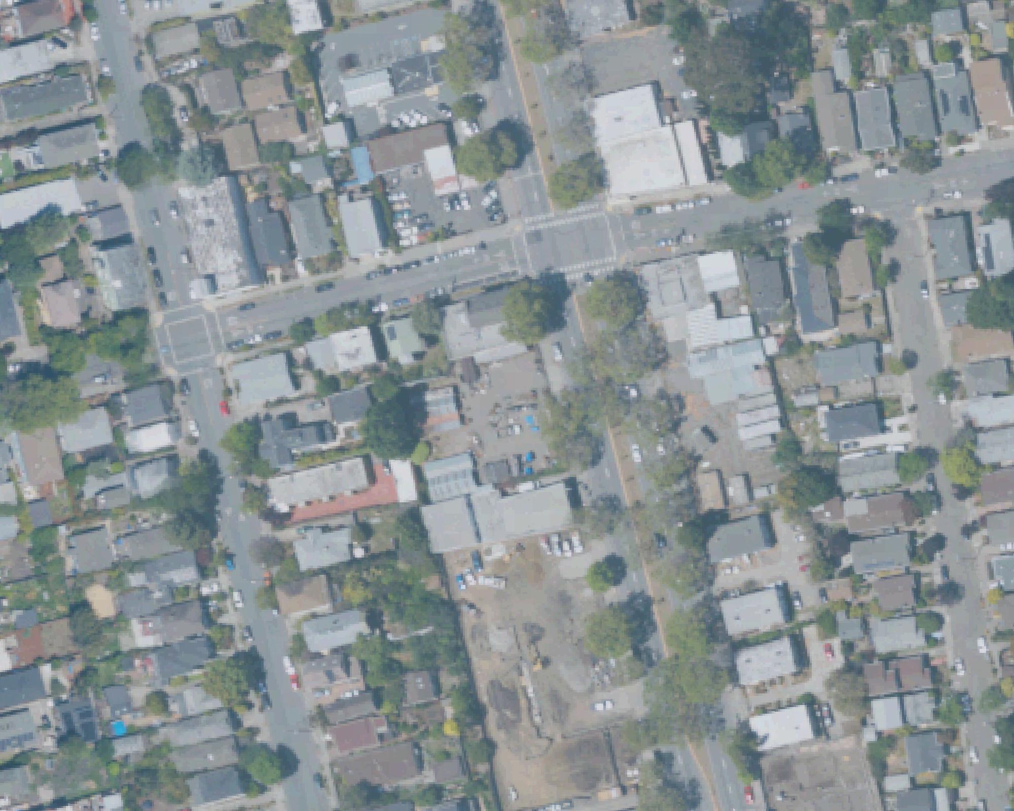 Aerial view of 2400 San Pablo Avenue and the surrounding West Berkeley neighborhood, with San Pablo Avenue running diagonally through the frame.