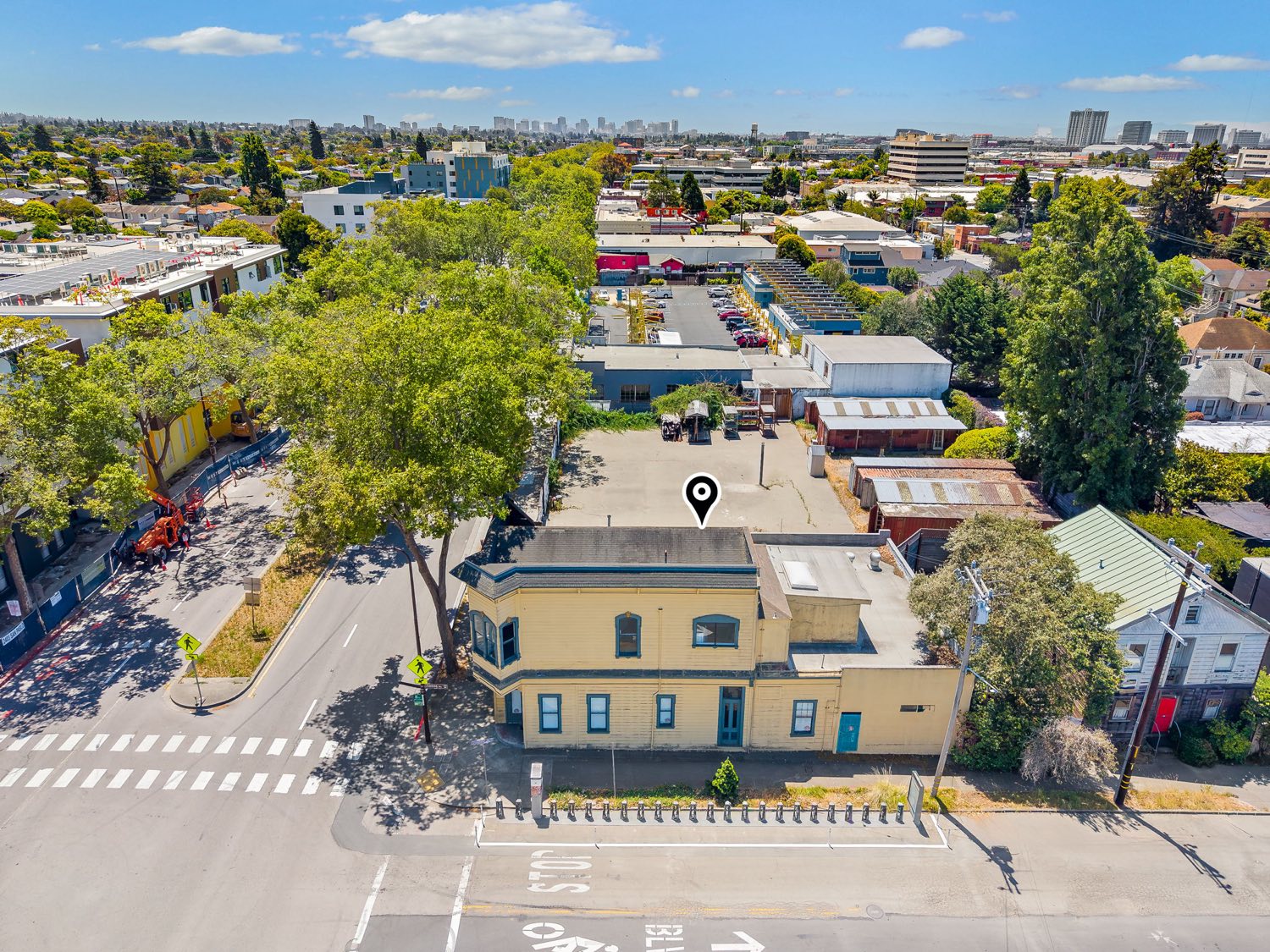 Aerial view of 2400 San Pablo Avenue and its lot, looking toward downtown Oakland.