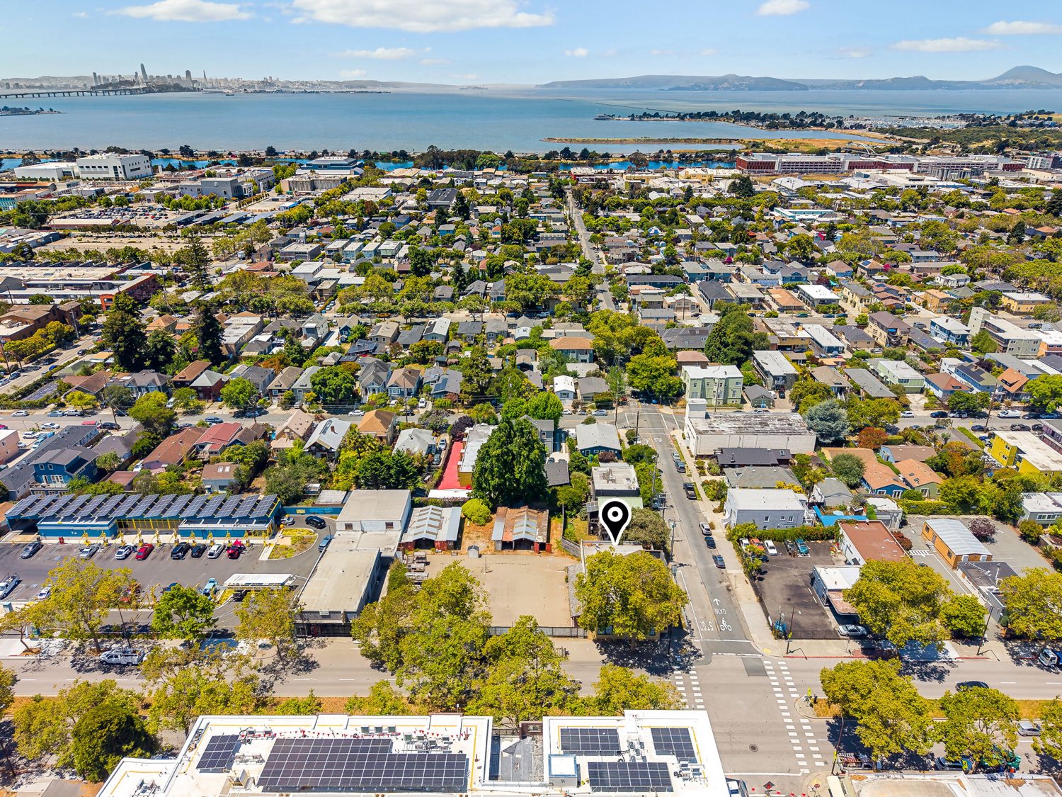 Aerial view of the site looking toward the San Francisco Bay and skyline.